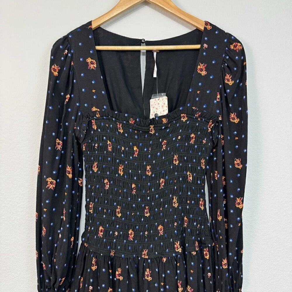 Free People Women Two Faces Mini Dress Square Neckline Floral Black Multi XS - Picture 2 of 14